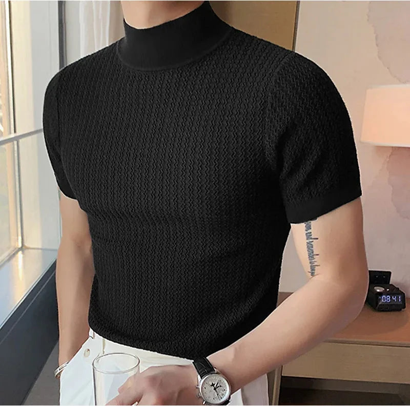 Summer new casual simple knitted base shirt European and American men's high neck water ripple solid color T-shirt