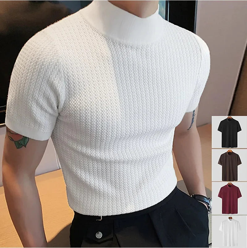 Summer new casual simple knitted base shirt European and American men's high neck water ripple solid color T-shirt