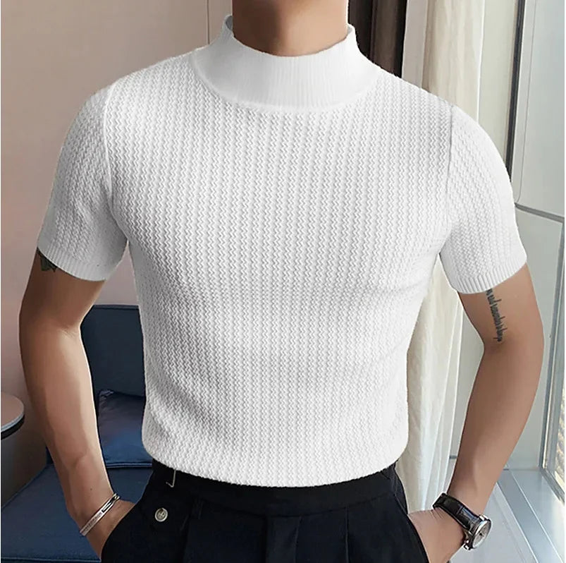 Summer new casual simple knitted base shirt European and American men's high neck water ripple solid color T-shirt